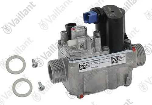 Vaillant Gasarmatur mit mehreren Anschlüssen, einem elektrischen Anschluss und Zubehörteilen wie Dichtungen und Schrauben für die Montage.
